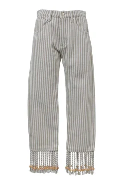 Beige striped cotton-blend twill high-rise bow leg pants with beaded braid fringe cuffs