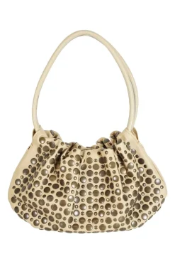 Beige studded calfskin Domino shoulder bag with twin rolled leather top handles