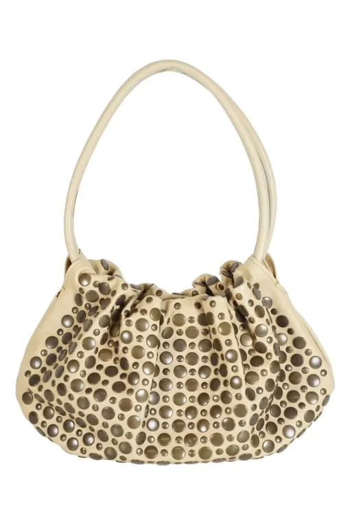Beige studded calfskin Domino shoulder bag with twin rolled leather top handles