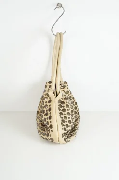 Beige studded calfskin Domino shoulder bag with twin rolled leather top handles