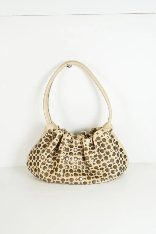 Beige studded calfskin Domino shoulder bag with twin rolled leather top handles