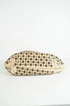 Beige studded calfskin Domino shoulder bag with twin rolled leather top handles
