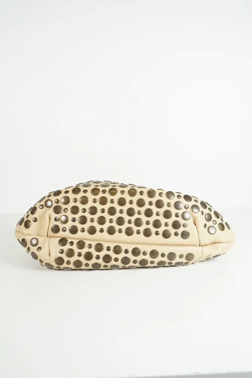 Beige studded calfskin Domino shoulder bag with twin rolled leather top handles