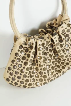Beige studded calfskin Domino shoulder bag with twin rolled leather top handles