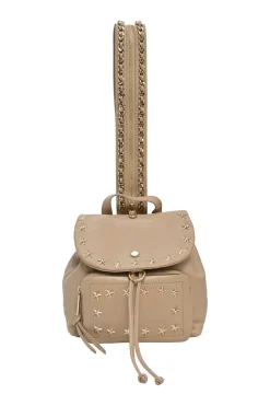 Beige studded leather convertible backpack with zip straps