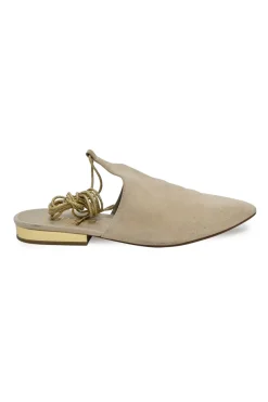 Beige suede and metallic leather Babouche pointed-toe lace-up mules