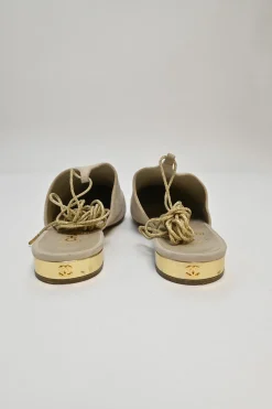 Beige suede and metallic leather Babouche pointed-toe lace-up mules