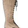 Beige suede lace-up tall boots with contrasting cap toe