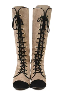 Beige suede lace-up tall boots with contrasting cap toe