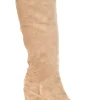 Beige suede lug-sole pull-on knee-high wedge boots with gold-tone metallic chain trim