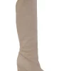 Beige suede pointed-toe pull-on knee-high wedge boots
