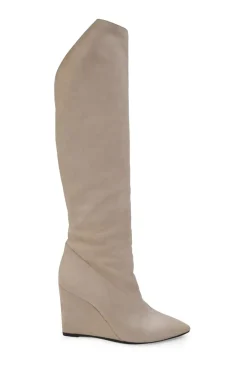 Beige suede pointed-toe pull-on knee-high wedge boots