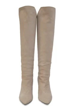 Beige suede pointed-toe pull-on knee-high wedge boots
