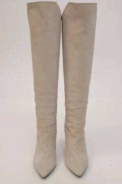 Beige suede pointed-toe pull-on knee-high wedge boots