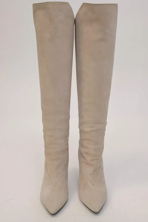 Beige suede pointed-toe pull-on knee-high wedge boots