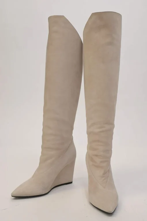 Beige suede pointed-toe pull-on knee-high wedge boots