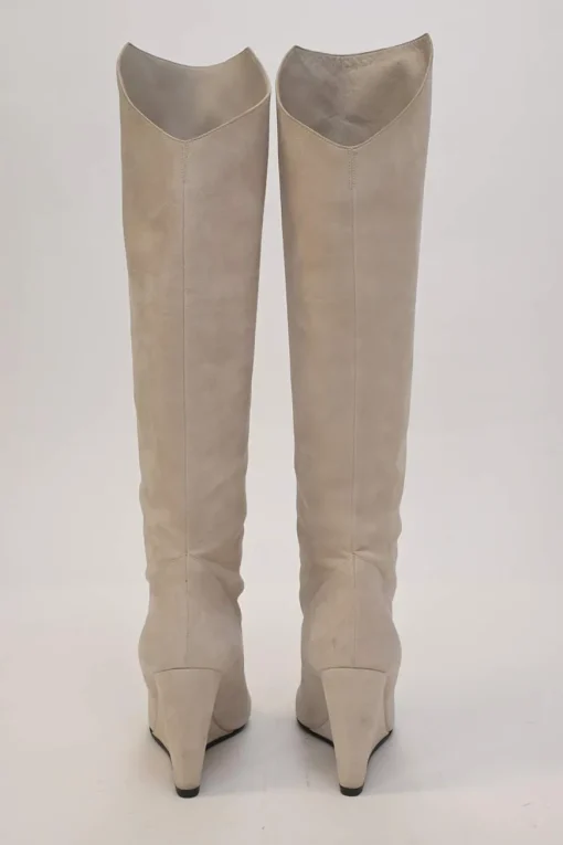 Beige suede pointed-toe pull-on knee-high wedge boots