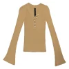 Beige viscose bell sleeve half-button interlock jersey knit second-skin top