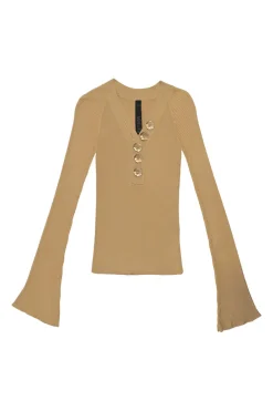 Beige viscose bell sleeve half-button interlock jersey knit second-skin top