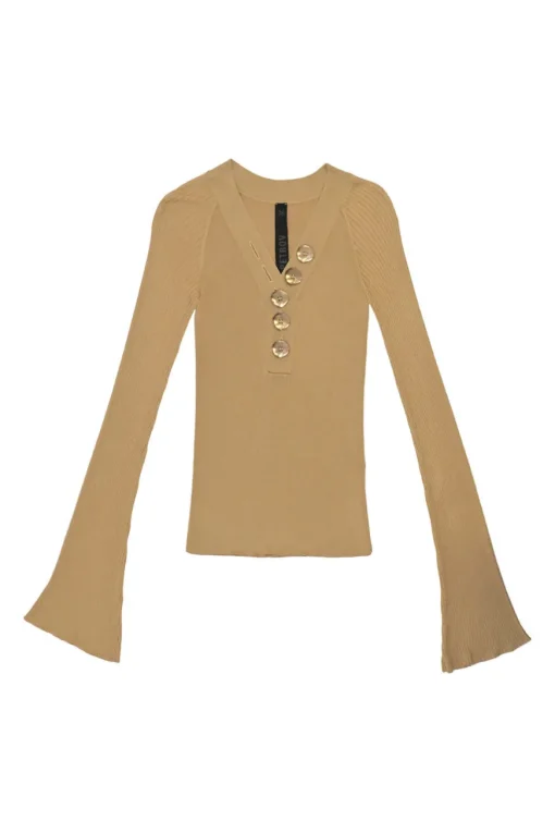 Beige viscose bell sleeve half-button interlock jersey knit second-skin top