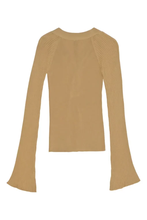 Beige viscose bell sleeve half-button interlock jersey knit second-skin top