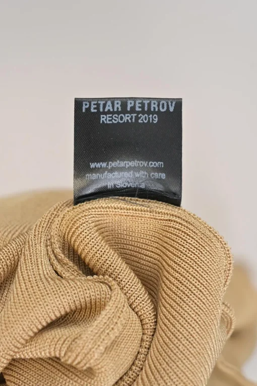 Beige viscose bell sleeve half-button interlock jersey knit second-skin top