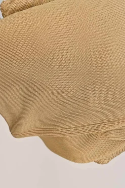 Beige viscose bell sleeve half-button interlock jersey knit second-skin top