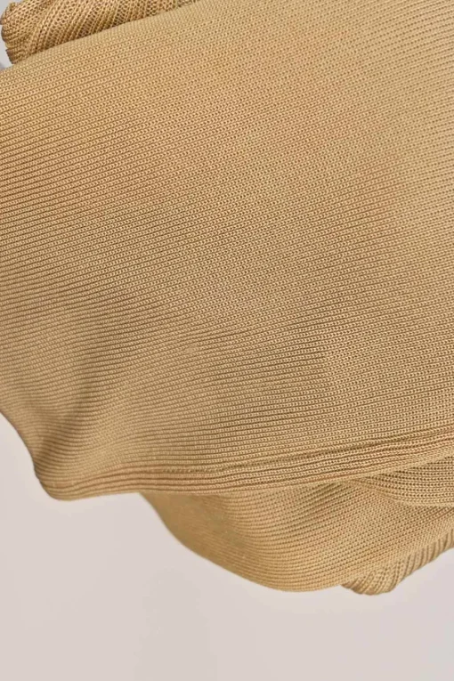 Beige viscose bell sleeve half-button interlock jersey knit second-skin top