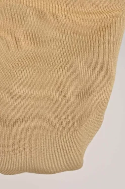 Beige viscose bell sleeve half-button interlock jersey knit second-skin top