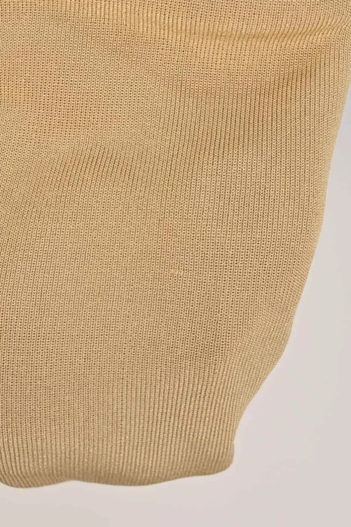 Beige viscose bell sleeve half-button interlock jersey knit second-skin top