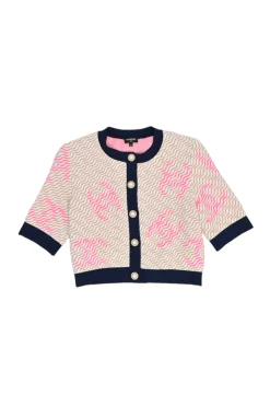 Beige viscose-blend wavy Coco Mark 3D knit jacquard half-sleeve cardigan with enamel shell shank buttons