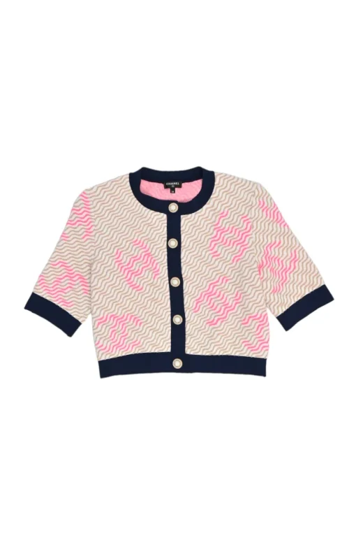 Beige viscose-blend wavy Coco Mark 3D knit jacquard half-sleeve cardigan with enamel shell shank buttons