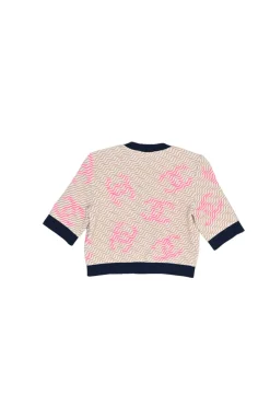 Beige viscose-blend wavy Coco Mark 3D knit jacquard half-sleeve cardigan with enamel shell shank buttons