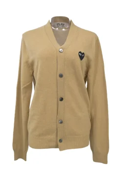 Beige wool button-front cardigan featuring signature chest heart broderie motif