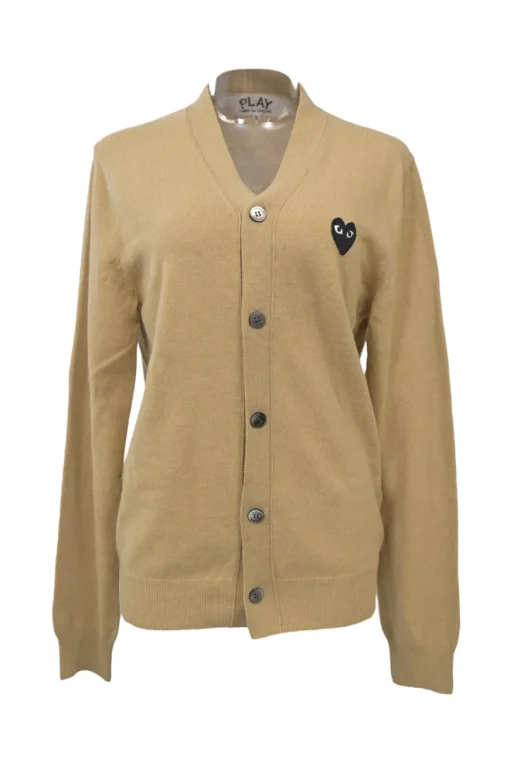 Beige wool button-front cardigan featuring signature chest heart broderie motif