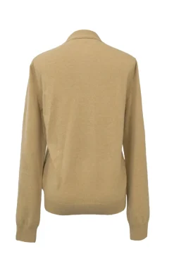 Beige wool button-front cardigan featuring signature chest heart broderie motif