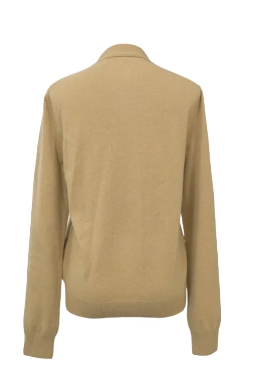 Beige wool button-front cardigan featuring signature chest heart broderie motif