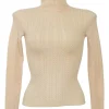 Beige wool interlock cable knit  roll neck pullover sweater with button loop collar closure