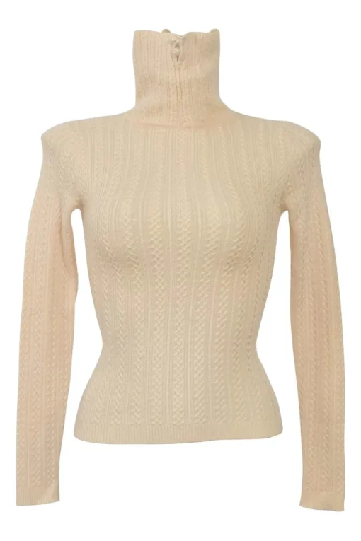 Beige wool interlock cable knit  roll neck pullover sweater with button loop collar closure