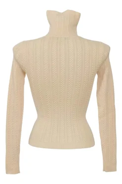 Beige wool interlock cable knit  roll neck pullover sweater with button loop collar closure