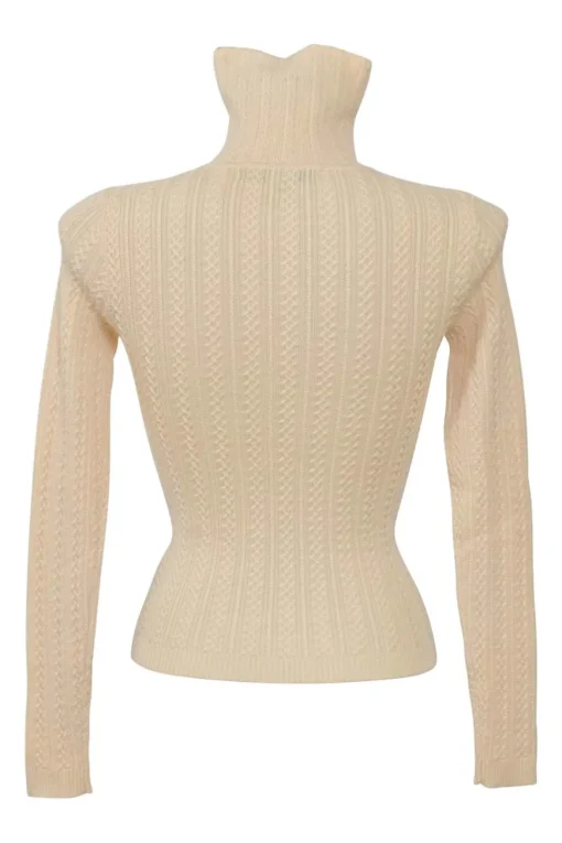 Beige wool interlock cable knit  roll neck pullover sweater with button loop collar closure