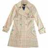 Beige wool twill windowpane plaid double breasted notch lapel flared Guinevere trench dress