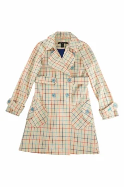 Beige wool twill windowpane plaid double breasted notch lapel flared Guinevere trench dress