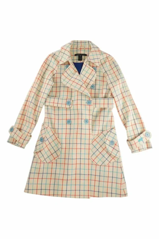 Beige wool twill windowpane plaid double breasted notch lapel flared Guinevere trench dress
