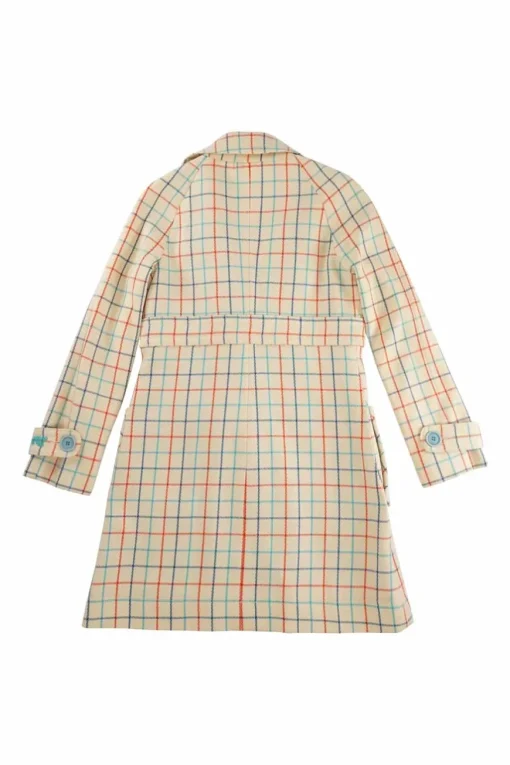 Beige wool twill windowpane plaid double breasted notch lapel flared Guinevere trench dress