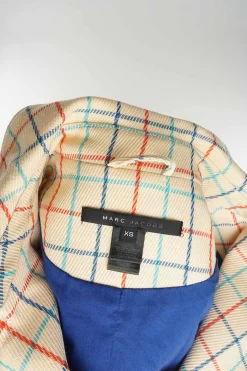 Beige wool twill windowpane plaid double breasted notch lapel flared Guinevere trench dress