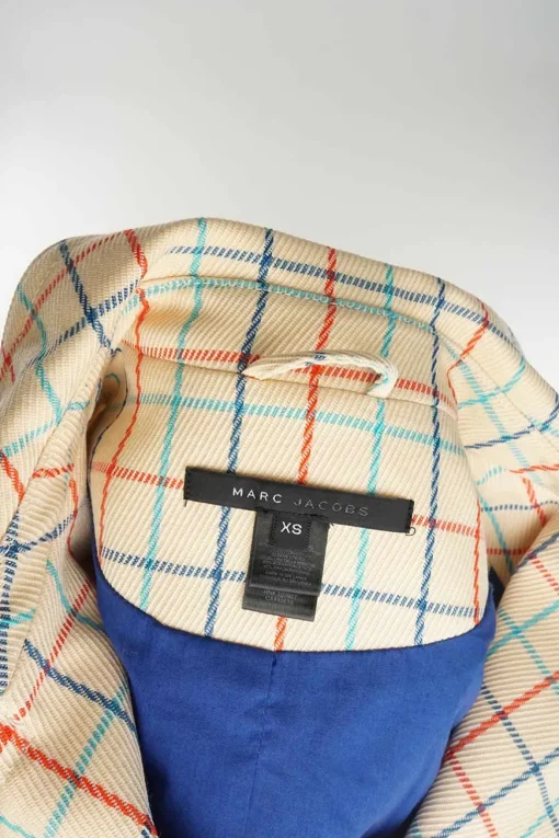 Beige wool twill windowpane plaid double breasted notch lapel flared Guinevere trench dress