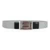 Belt in Blue and white woven cord with wavy stripes and blue leather tip and brushed palladium buckle with debossed H