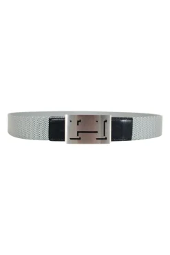 Belt in Blue and white woven cord with wavy stripes and blue leather tip and brushed palladium buckle with debossed H