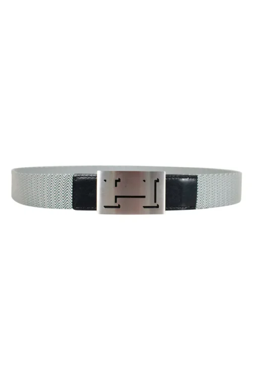 Belt in Blue and white woven cord with wavy stripes and blue leather tip and brushed palladium buckle with debossed H